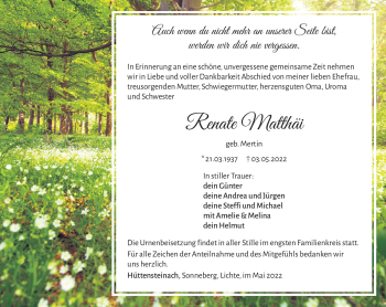 Traueranzeige von Renate Matthäi von Südthüringer Presse