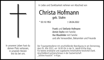 Traueranzeige von Christa Hofmann von Neue Presse Coburg