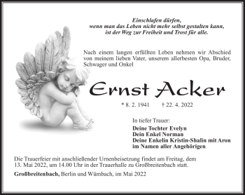 Traueranzeige von Ernst Acker von Südthüringer Presse