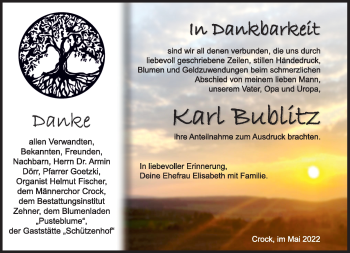 Traueranzeige von Karl Bublitz von Südthüringer Presse