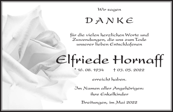 Traueranzeige von Elfriede Hornaff von Südthüringer Presse