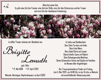 Traueranzeige von Brigitte Lemuth von Südthüringer Presse