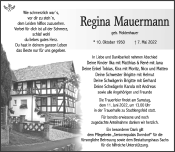 Traueranzeige von Regina Mauerman von Südthüringer Presse