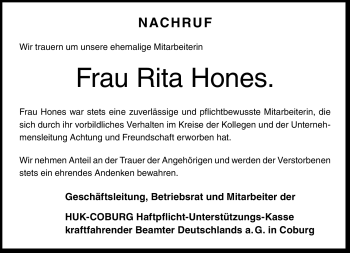 Traueranzeige von Rita Hones von Neue Presse Coburg