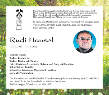Traueranzeige von Rudi Hansel von Südthüringer Presse