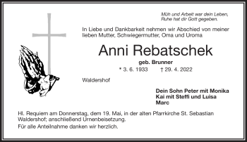 Traueranzeige von Anni Rebatschek von Frankenpost