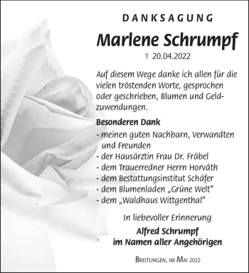 Traueranzeige von Marlene Schrumpf von Südthüringer Presse
