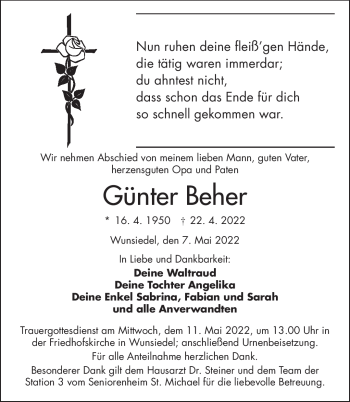 Traueranzeige von Günter Beher von Frankenpost