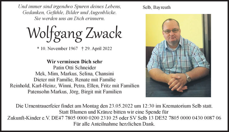  Traueranzeige für Wolfgang Zwack vom 14.05.2022 aus Frankenpost