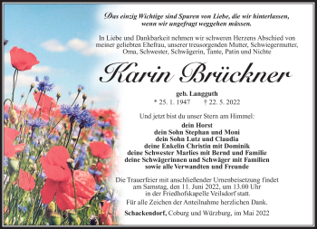 Traueranzeige von Karin Brückner von Südthüringer Presse