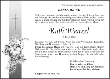 Traueranzeige von Ruth Wenzel von Südthüringer Presse