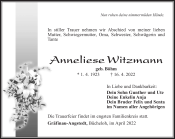 Traueranzeige von Anneliese Witzmann von Südthüringer Presse