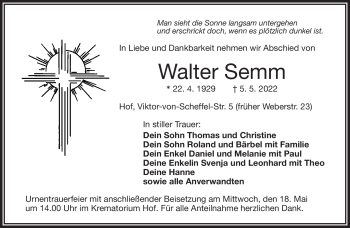 Traueranzeige von Walter Semm von Frankenpost