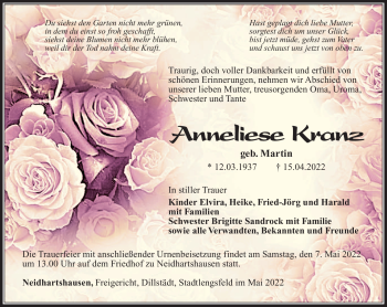 Traueranzeige von Anneliese Kranz von Südthüringer Presse