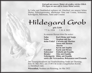 Traueranzeige von Hildegard Grob von Südthüringer Presse