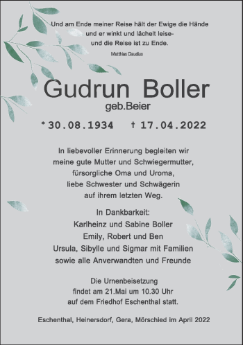 Traueranzeige von Gudrun Boller von Südthüringer Presse