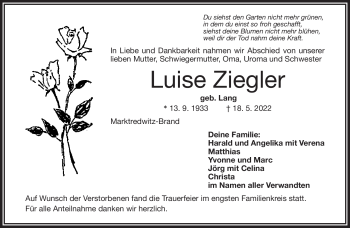 Traueranzeige von Luise Ziegler von Frankenpost