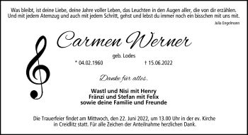Traueranzeige von Carmen Werner von Neue Presse Coburg