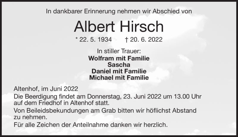  Traueranzeige für Albert Hirsch vom 21.06.2022 aus Neue Presse Coburg