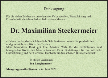Traueranzeige von Dr.Maximillian Steckermeier von Südthüringer Presse