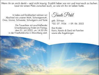 Traueranzeige von Traute Pirkl von Frankenpost