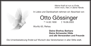 Traueranzeige von Otto Gössinger von Frankenpost