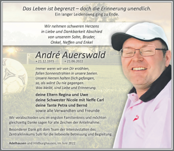 Traueranzeige von André Auerswald von Südthüringer Presse