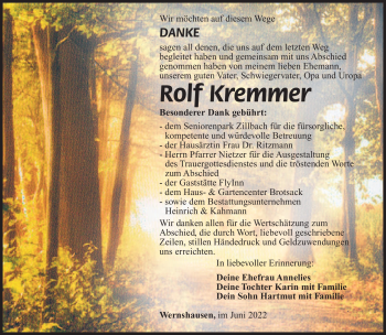 Traueranzeige von Rolf Kremmer von Südthüringer Presse