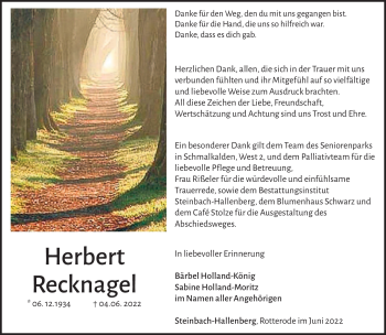 Traueranzeige von Herbert Recknagel von Südthüringer Presse