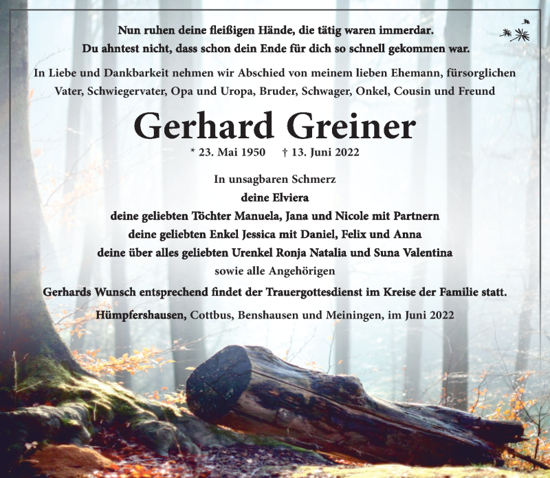  Traueranzeige für Gerhard Greiner vom 21.06.2022 aus Südthüringer Presse