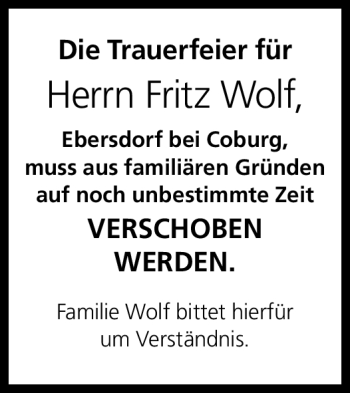 Traueranzeige von Fritz Wolf von Neue Presse Coburg