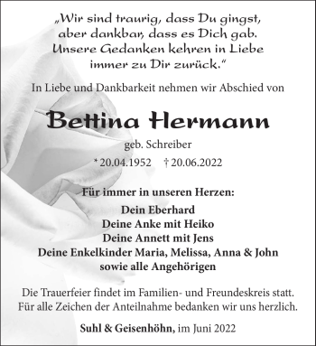 Traueranzeige von Bettina Hermann von Südthüringer Presse