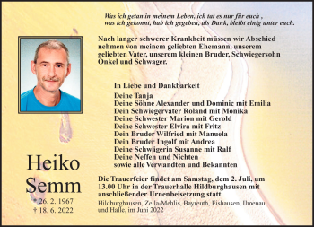 Traueranzeige von Heiko Semm von Südthüringer Presse