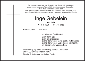 Traueranzeige von Inge Gebelein von Frankenpost