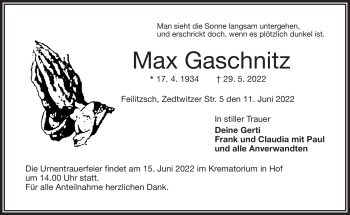 Traueranzeige von Max Gaschnitz von Frankenpost