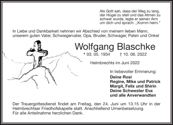Traueranzeige von Wolfgang Blaschke von Frankenpost
