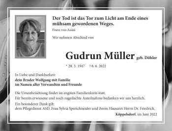 Traueranzeige von Gudrun Müller von Südthüringer Presse