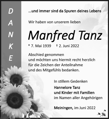Traueranzeige von Manfred Tanz von Südthüringer Presse