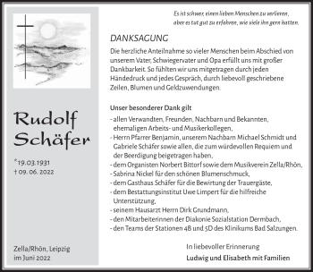 Traueranzeige von Rudolf Schäfer von Südthüringer Presse