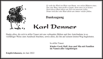 Traueranzeige von Karl Denner von Südthüringer Presse