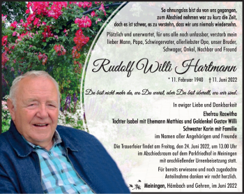 Traueranzeige von Rudolf Hartmann von Südthüringer Presse