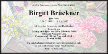 Traueranzeige von Birgitt Brückner von Südthüringer Presse