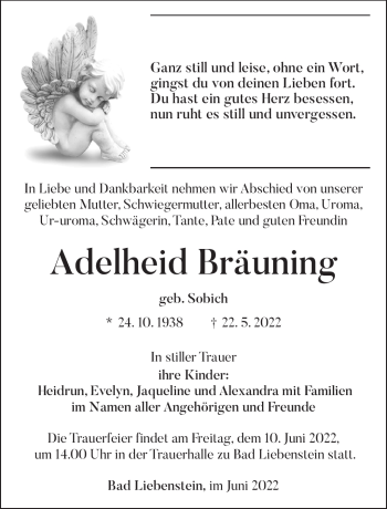 Traueranzeige von Adelheid Bräuning von Südthüringer Presse