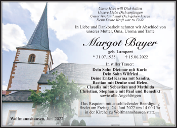 Traueranzeige von Margot Bayer von Südthüringer Presse