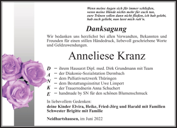 Traueranzeige von Anneliese Kranz von Südthüringer Presse
