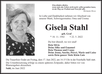 Traueranzeige von Gisela Stahl von Südthüringer Presse