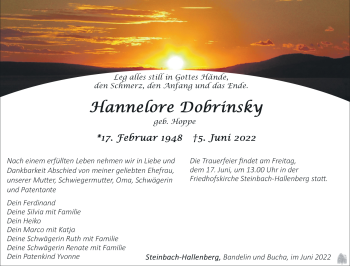 Traueranzeige von Hannelore Dobrinsky von Südthüringer Presse