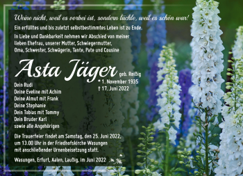 Traueranzeige von Asta Jäger von Südthüringer Presse