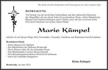 Traueranzeige von Marie Kümpel von Südthüringer Presse