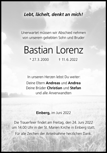 Traueranzeige von Bastian Lorenz von Neue Presse Coburg